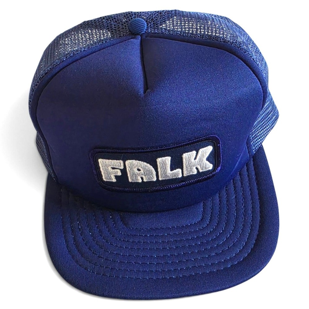 Vintage 1980s San Sun Falk Trucker Hat Navy Blue Mesh Snapback Cap Mens OSFA